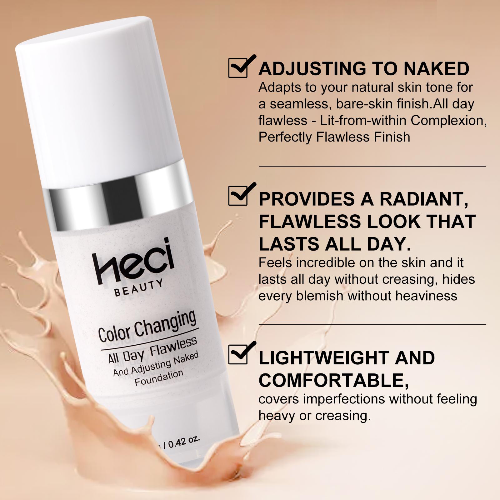 HECI Color Changing Foundation - 3-in-1 Flawless Natural Nude Finish, Self-Adjusting Blemish-Covering Lightweight Hydrating Cream, 2-for-1 Deal for Women (Ideal for Dancing, Naked Look), Even Skin Tone