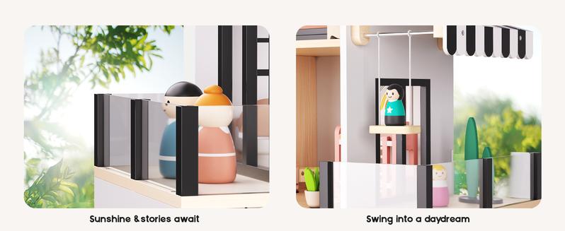 BIERUM Large Modern Wooden Dollhouse with 49Pcs Furniture, Dolls & Pets，DIY Puzzle Pool & Yard, Ideal Gift for Boys & Girls 3+