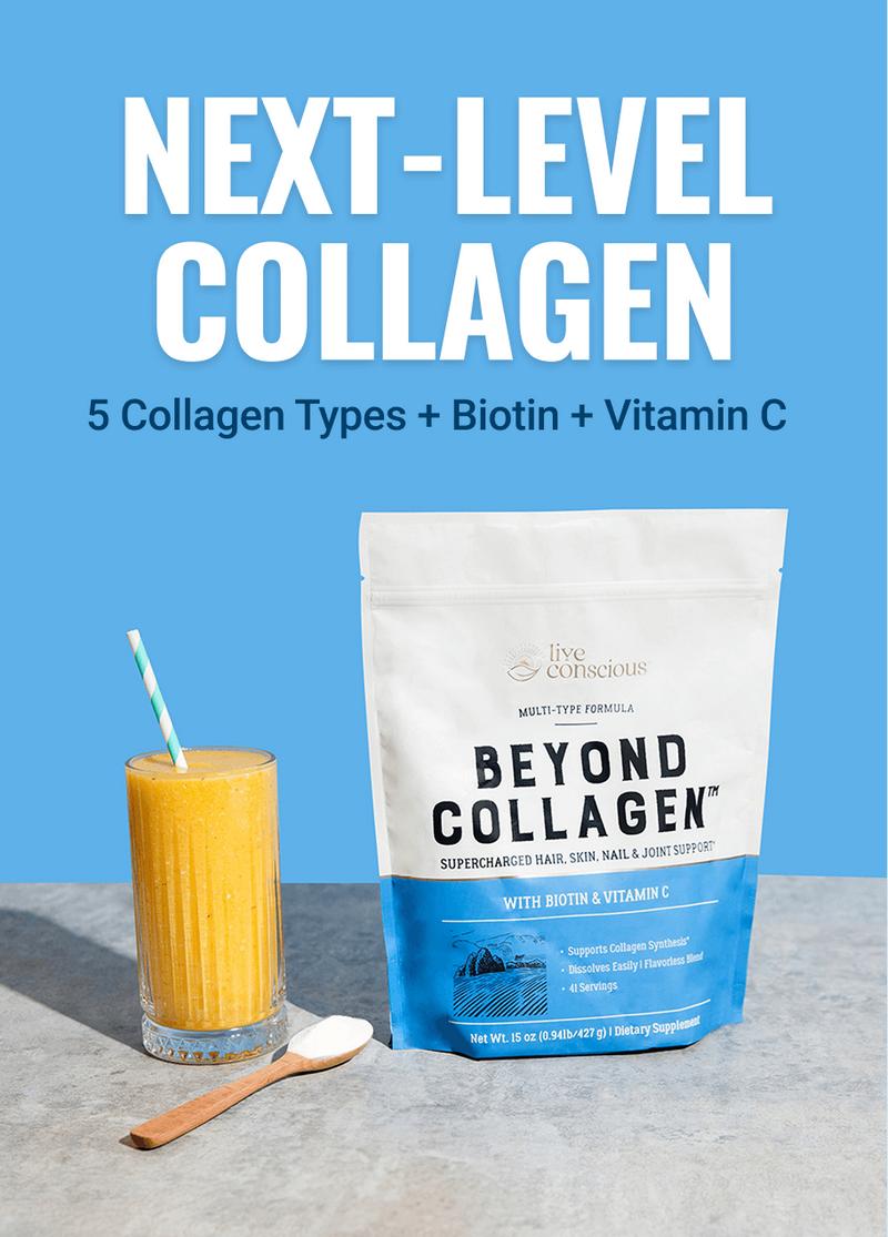 Live Conscious Beyond Collagen Multi Collagen Powder - Types I, II, III, V & X Hydrolyzed Collagen Peptides Powder Blend w/ Biotin & Vitamin C