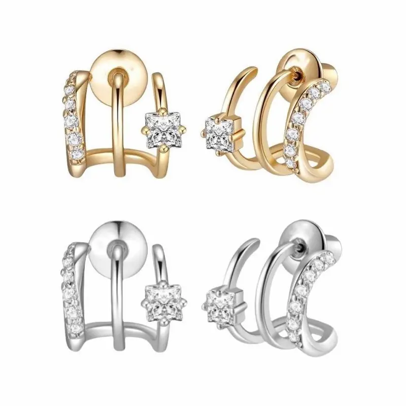 Women's 14K Gold Plated/Silver Tone Cubic Zirconia Triple Hoop Stud Earrings - Single Piercing 3-Hoop Earring Stack Statement Costume Jewelry Accessory