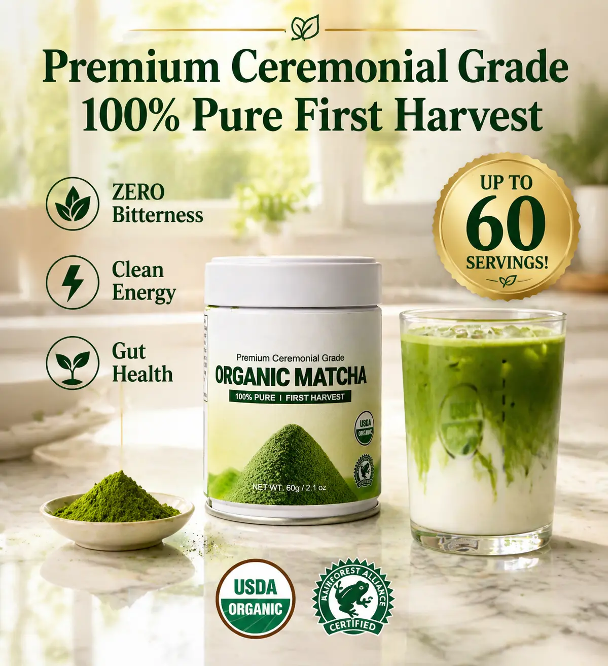 Emerail Organic Ceremonial Grade Matcha Powder green   tea  (60g/2.1oz, Up to 60 Servings!) - 100% First Harvest, ZERO Bitterness Gifts For Tea Lovers Dietary Edible Tea, Gifts For Tea Lovers,Dietary Edible Tea,Green Tea Flavor
