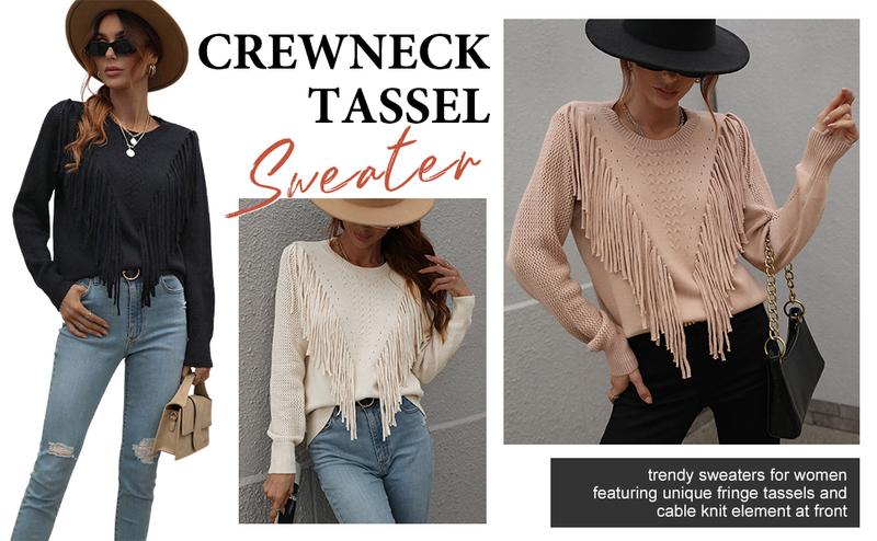 Women's Casual Crewneck Knitted Sweater | Fringe Tassel Detail Pullover Jumper - Perfect for Daily Outfits & Coffee Dates Women's Casual Crewneck Knitted Sweater | Fringe Tassel Detail Pullover Jumper - Perfect for Daily Outfits & Coffee Dates