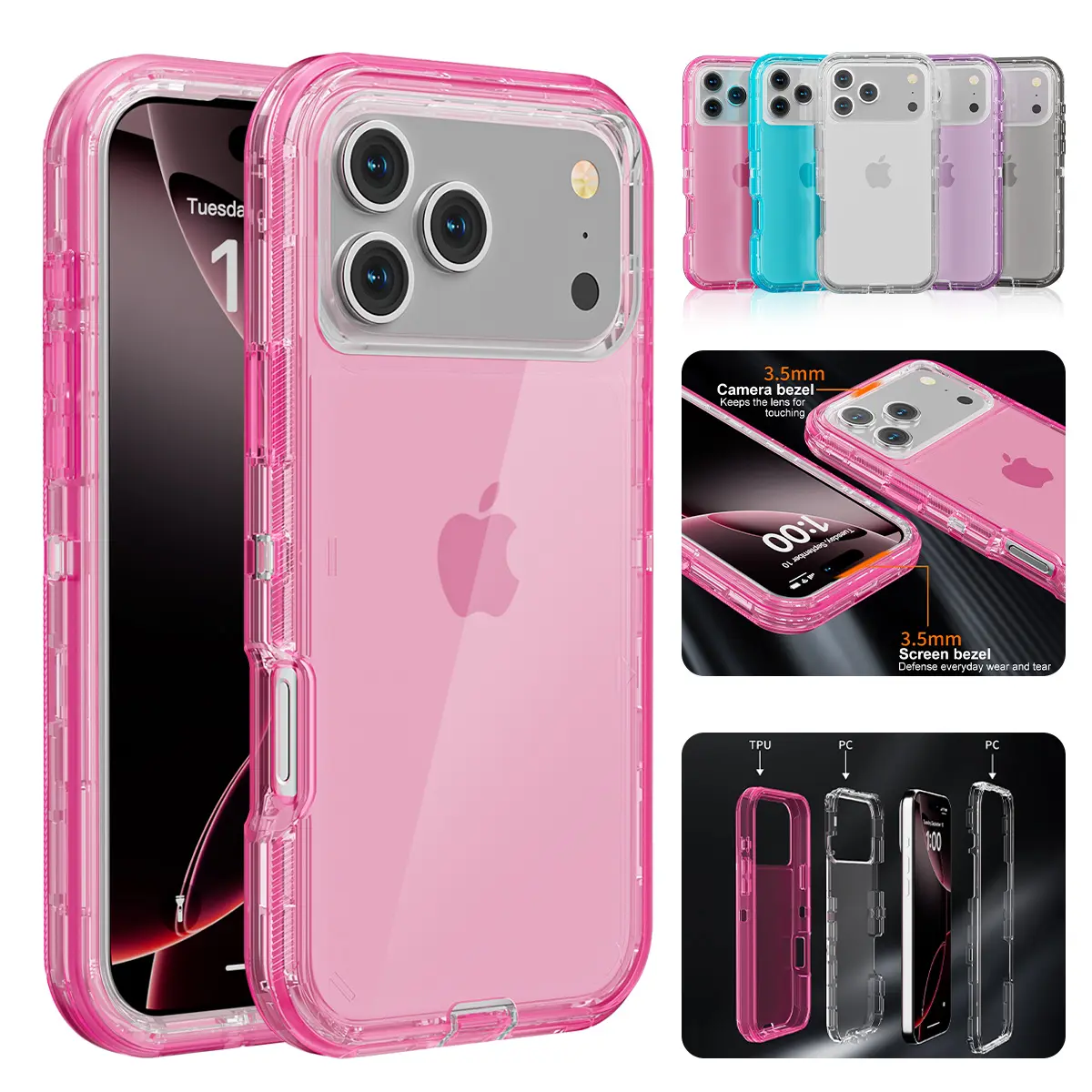 NUYETE 3-Layer Shockproof Clear Case for iPhone 17 Pro Max 17 Air 16 15 14 13 12 Pro Max, Heavy Duty Defender Transparent Military-Grade Drop Protection Cover