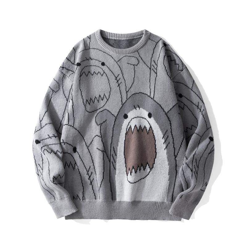 2026 #Springfresh Winter Cartoon Shark Crewneck Polyester Pullover Sweater Unisex Oversized Elegant Casual Streetwear Thick Knitwear Grey Fashion Sweaters Knitted