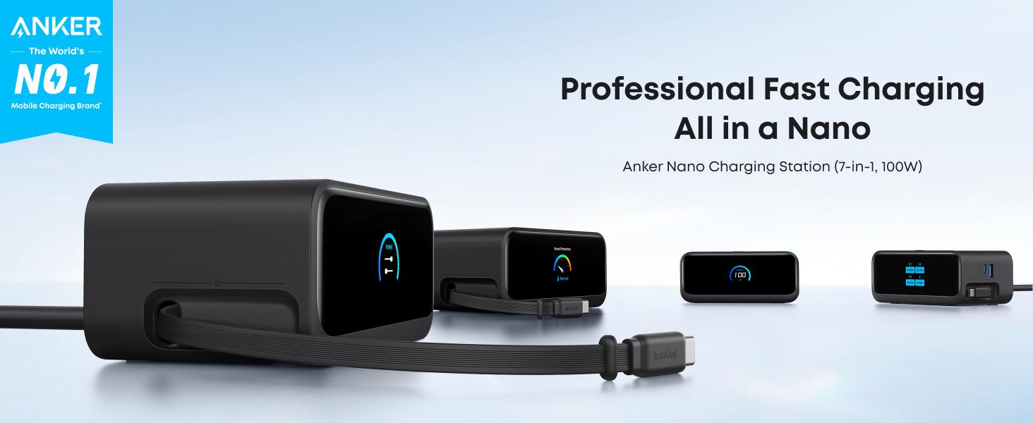 Anker Nano 7-in-1 USB-C Charging Station with 2.3ft InstaCord, 3 USB-C, 3 AC Outlets, 1 USB-A, 100W Desktop Power Strip for iPhone 17/16, MacBook, and More, Perfect for Multitasking