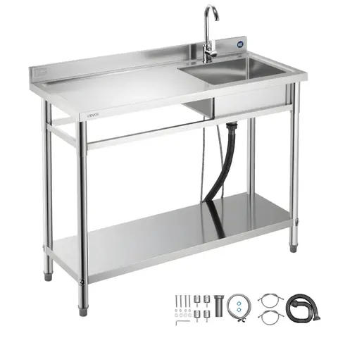 VEVOR NSF-Certified SUS201 Stainless Steel Free-Standing Single Bowl Commercial Kitchen Sink with 360° Hot & Cold Faucet, 47x19.7x37in Brushed Finish Adjustable Left Basin Workbench, Anti-Rust, Wash-Store, for Patio Buffet Kitchen Users