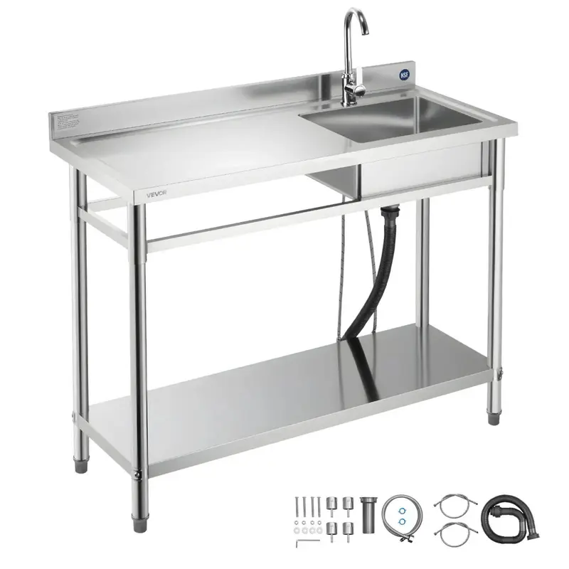 VEVOR NSF-Certified SUS201 Stainless Steel Free-Standing Single Bowl Commercial Kitchen Sink with 360° Hot & Cold Faucet, 47x19.7x37in Brushed Finish Adjustable Left Basin Workbench, Anti-Rust, Wash-Store, for Patio Buffet Kitchen Users