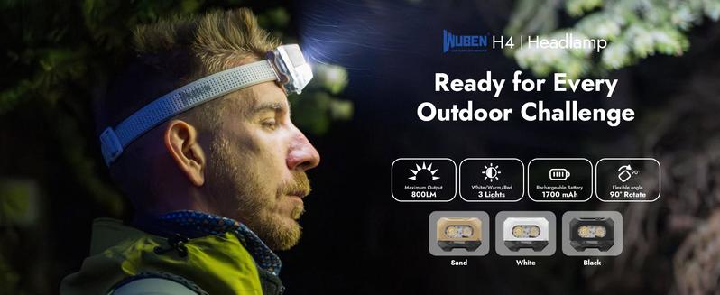 WUBEN H4 Rechargeable Headlamp with Gesture Control, 800 Lumens Dual LED Spot/Flood, IP68 Waterproof, Red Safety Light, 90° Adjustable, Dual-Power (Rechargeable & AAA), Ultra-Light 80g for Camping, Work, Outdoor Sports, Outdoorfun