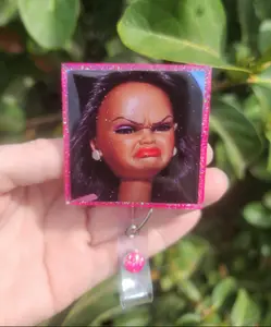 Cringe Face Doll Badge Reel, Funny Nurse Gift, Disgusted Doll Face Work ID Clip