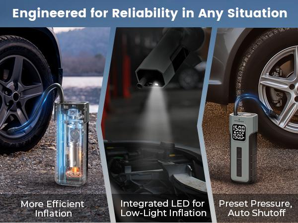 HYVOHEX Tire Inflator Portable Air Compressor, 1 Min Fast Inflation Cordless Bike Pump with Digital Pressure Gauge LED Light, 150 PSI Electric Air Pump for Car Tires, Bicycle, Motorcycle, Ball SpringStatements