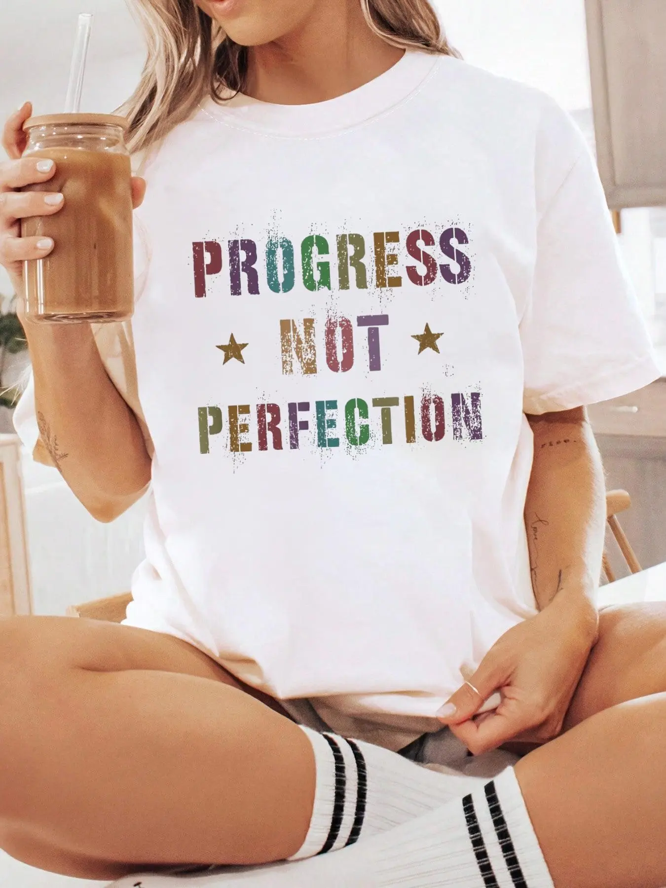 Women's 100% Cotton Short-Sleeve Round Neck Loose T-Shirt - Unisex Streetwear, Funny "Strive Commit PROGRESS NOT PERFECTION" Print, Labor Day Casual Top, wt-y689576, Shortsleeve, Tshirt, Graphic Print, Loose Fit, Do Not Bleach, All Seasons