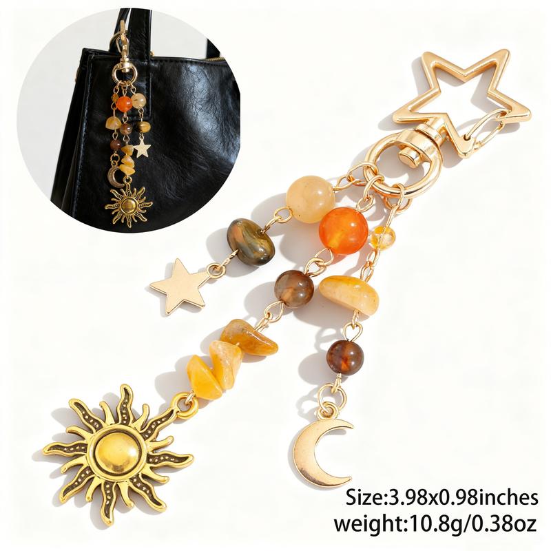 Sun and Moon Design Keychain Colorful Star Beads Key Chain Gemstone Charm, Y2K Aesthetic Boho Hippie Purse Charm for Women,Men, Handbag & Backpack Decoration, Christmas Gifts