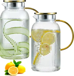 2 PACK 68 oz Vertical Stripes Water Pitcher,Glass Water Carafe for Fridge,Hand Blown Heat Resistant Borosilicate Water Jug for Hot/Cold Drinks,Gifts