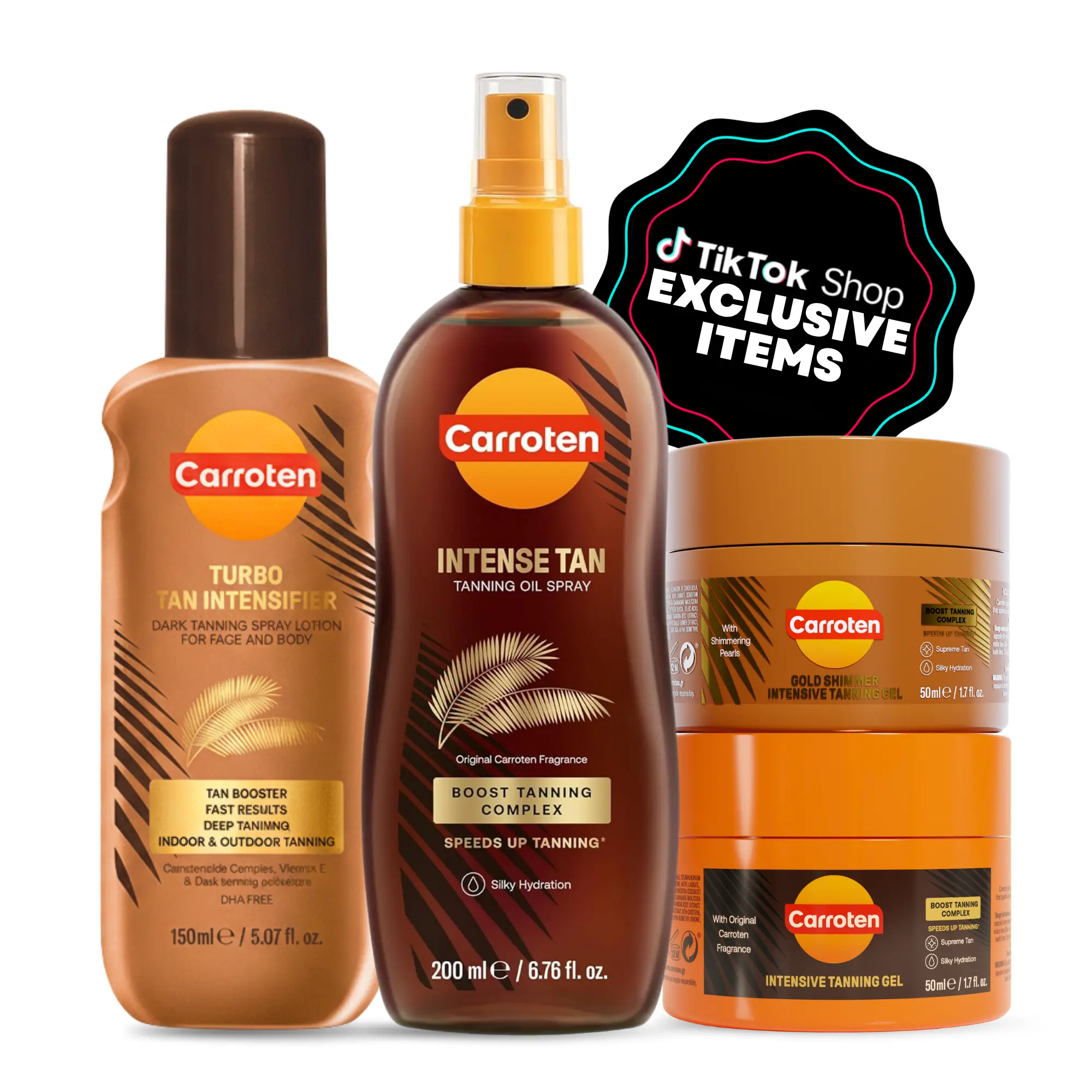 CARROTEN Seasonal Stock-Up Tanning Multi-Pack Beauty Products - Skin-Nourishing, Moisturizing Self-Care Set with Golden Moisturizer, Mini Intensive Gel, Mini Calming Shimmer Gel, Turbo Tan Intensifier, Full Coconut Bronze Oil Spray, Bronze Glow, Self Care