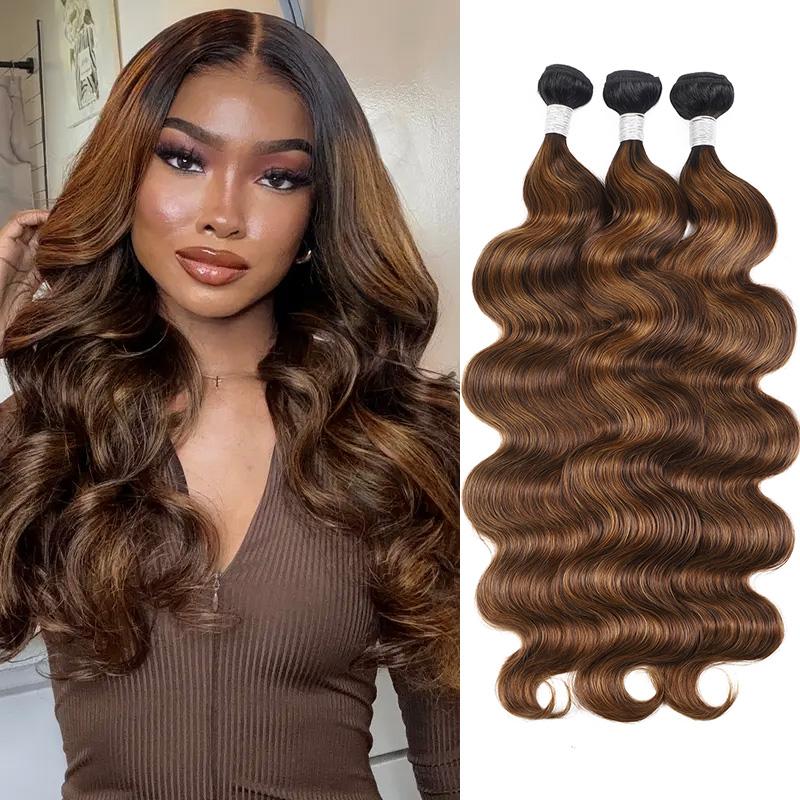 Ombre Brown Highlight Body Wave Human Hair Weave Sew in 1 3 4 Bundles Brazilian Remy Hair Dark Root Blonde Human Hair Weaves Extension Piano Color