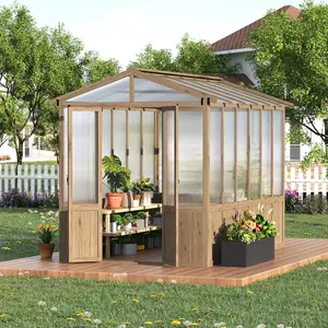 Garvee 8x10FT Wooden Greenhouse with Cedar Frame, Outdoor Wood Greenhouses with Roof Vent, Wood and Polycarbonate Walk-in Greenhouse