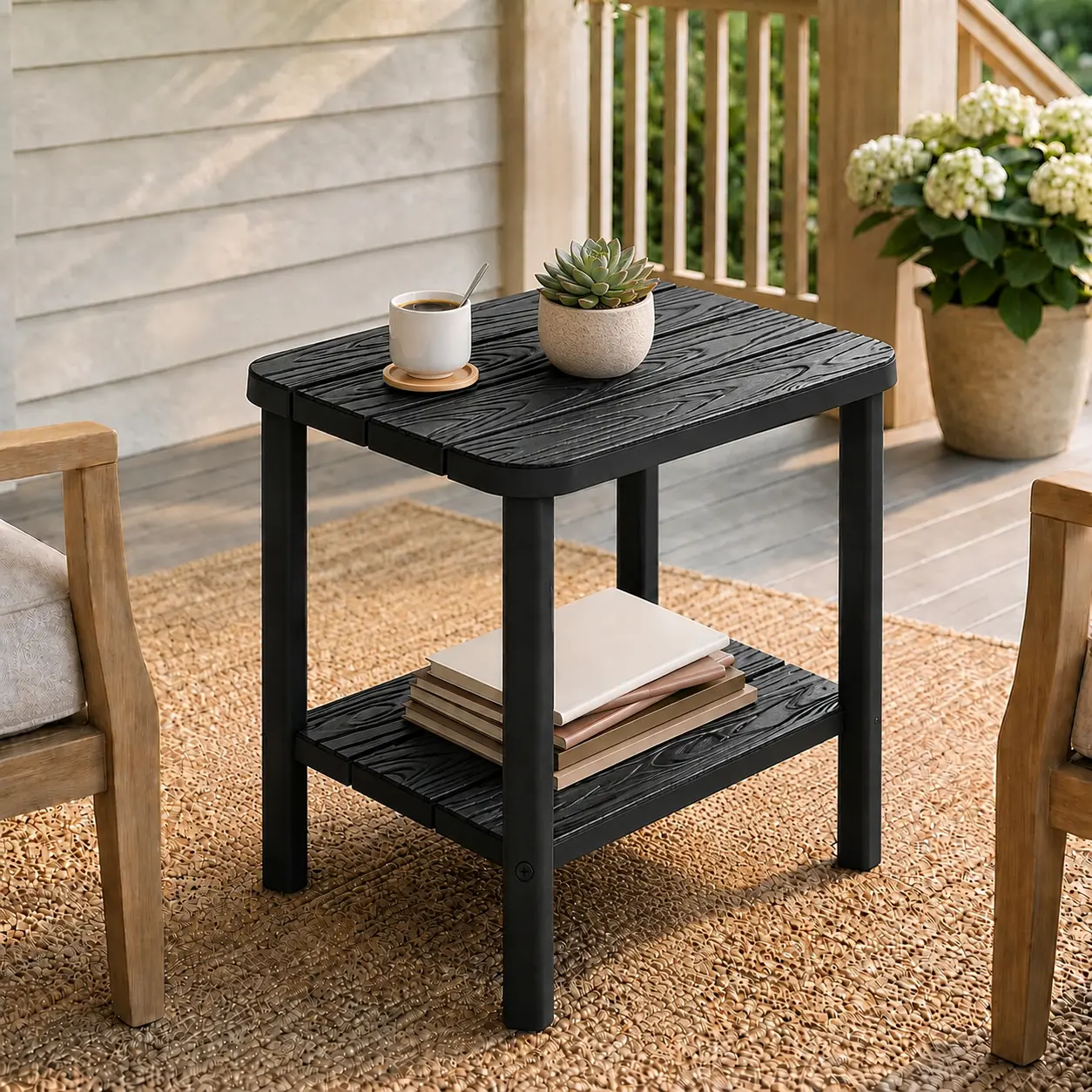 RIWENGO Outdoor Side Table, 2-Tier Patio Side Table for Outside, Weather Resistant End Table for Pool, Porch, Deck, Garden & Backyard, Easy Maintenance - Black