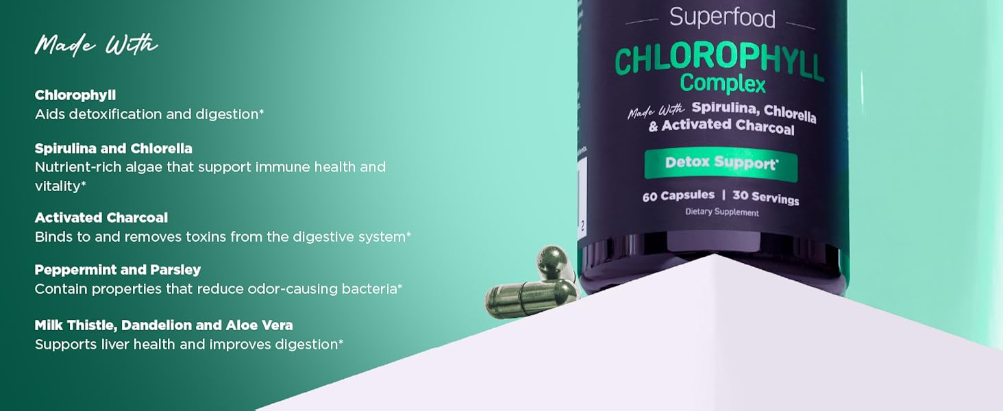 Vital Vitamins Chlorophyll Complex | Detox, Body Odor Control, Liver & Digestive Support | Spirulina, Chlorella, Parsley, Mint & Activated Charcoal | 60 Capsules Herbal Supplement Natural Healthcare