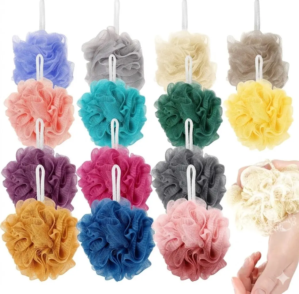 Large Mesh Nylon Exfoliating Body Scrubber - 60g 4.5in Soft & Dense Premium Reusable Cleansing Scrubber, Easy-Hanging Knot Rope Bathing Accessory, Adult Whole Body Shower Tool (1 Pack, Random Color, Hang to Dry)