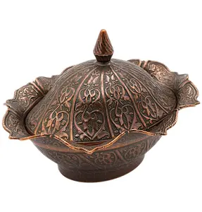 Turkish Tea Sugar Bowl | Ottoman Style Engraved | Oval Covered Dish Bowl 058-K-15 Copper