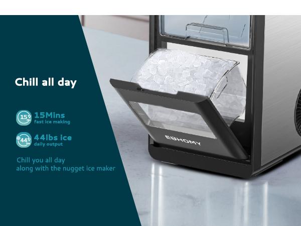 Euhomy 2025 Nugget Ice Maker Countertop, 44Lbs/24H Pebble Ice Maker Machine, Self-Cleaning Pellet Ice Machine with Ice Scoop&basket, Sonic Countertop Ice Machine for Home/Kitchen/Office(Black)