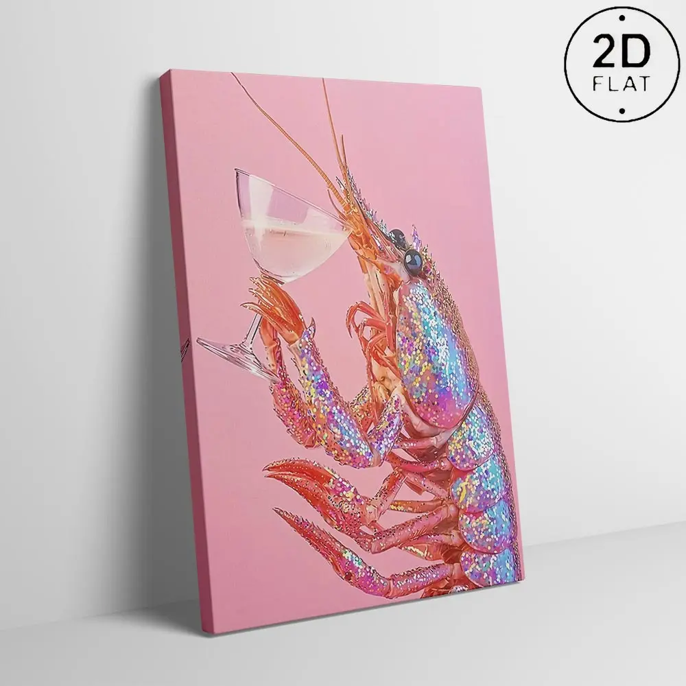 Glitter Lobster Champagne Canvas Dopamine Decor Pop Poster Quirky Bar Cart Wall Decor art, maximalist bar wall art, cocktail party decor, funky quirky gift, colorful pop wall hanging, party bar art print, maximalist housewarming gift