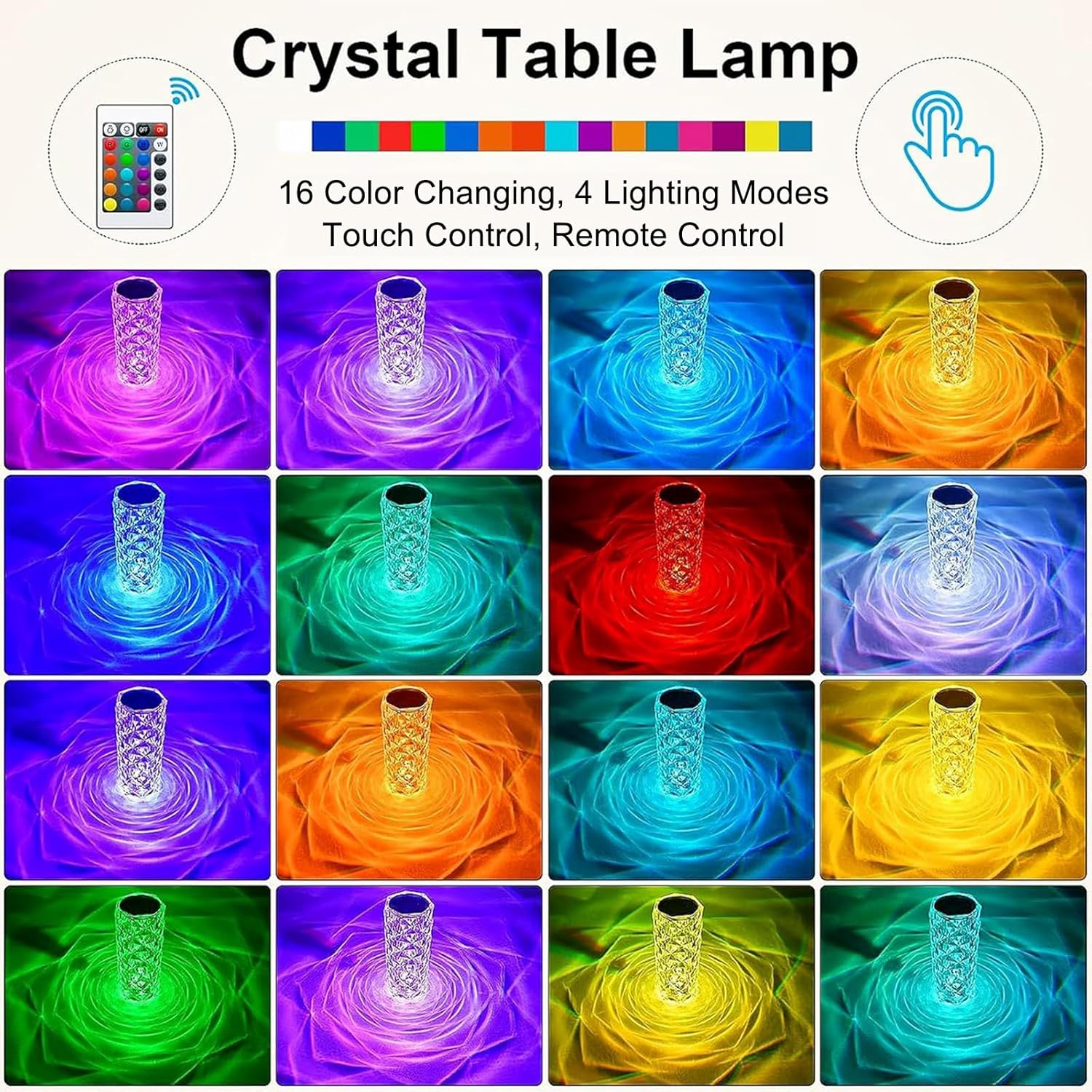 Crystal Table Lamp with Remote & Touch Control Rose Wave Lamp 4 Modes 16 Color Changing Night Light Rechargeable Dimmable RGB Rose Diamond Ambient Mood Lighting Portable Cordless Desk Lamp for Bedroom Living Room Party