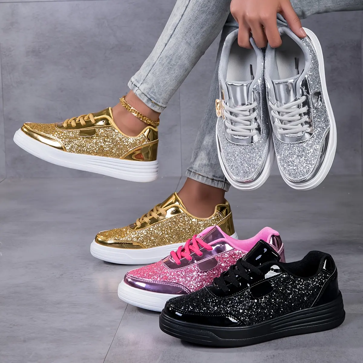 Lightweight shiny lace up sports shoes for women and men - a casual shoe decorated with gold sequins, with a simple design suitable for running, walking, and daily wear, suitable for all seasons, fashionable and multifunctional student sports