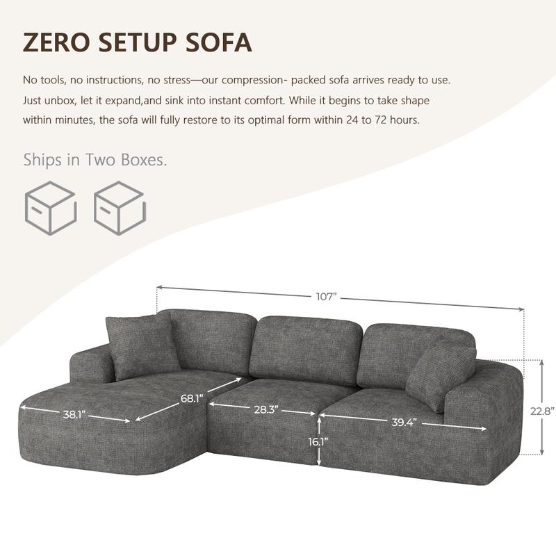 [New Year Deals] 107'' Modular Sectional Boneless Sofa Couch with Chaise, No Assembly Required, Modern Woven-Textured Upholstery, Convertible L-Shaped Design for Living Room,Christmas Gifts for the Whole Family: Husband & Wife, Mom & Dad