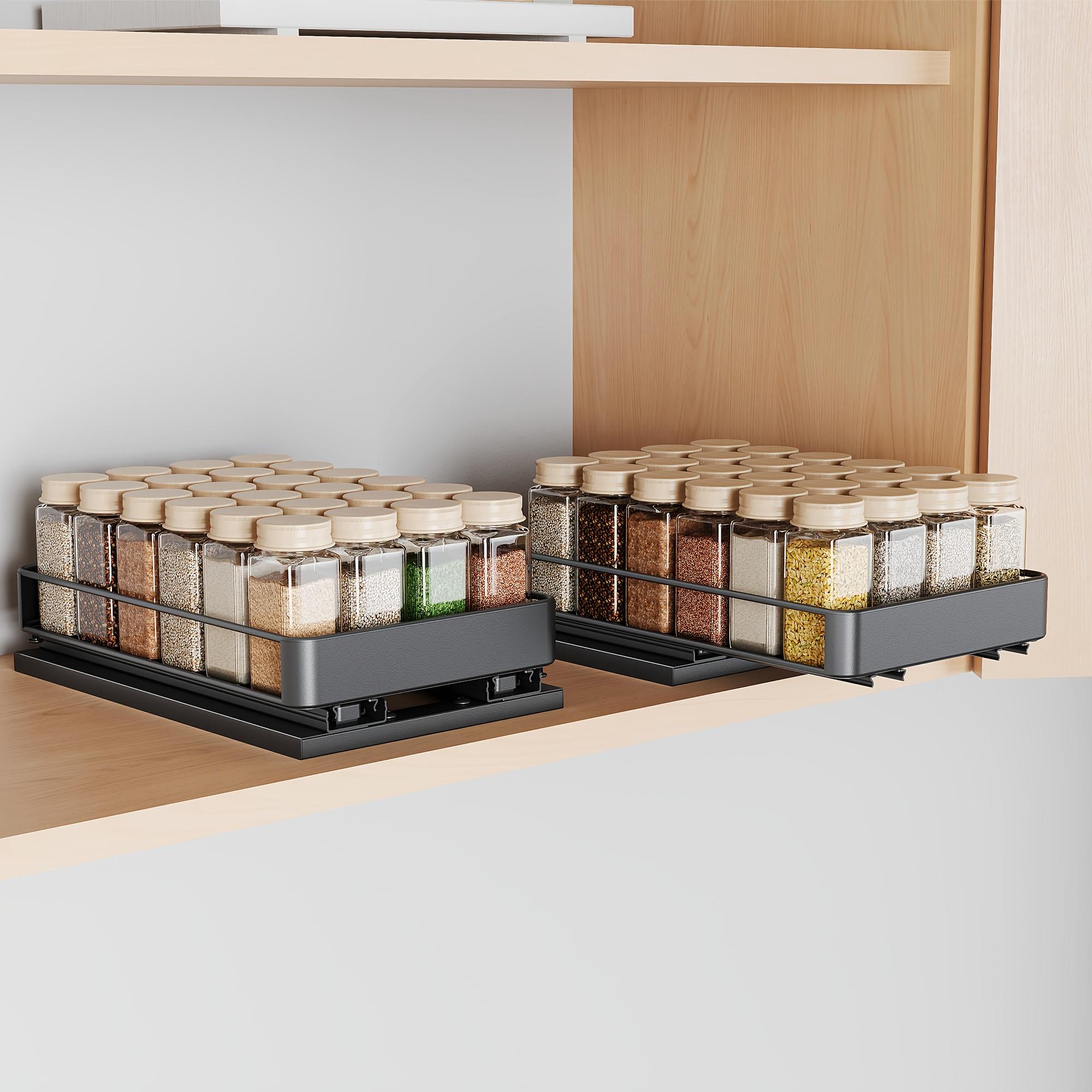 2pcs Cabinet Pull Out Spice Rack, Rust Proof Under Cabinet Spice Bottle Stainless Steel Organizer, Adjustable L Shaped Spice Rack Storage Counter, Double Rail Spice Organizer, Sliding Design, Kitchen Accessories, Space Saving DesignDesign