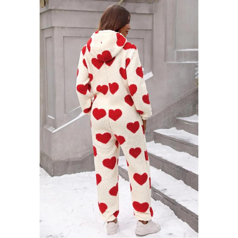 Fuzzy Heart Zip Up Hooded Lounge Jumpsuit