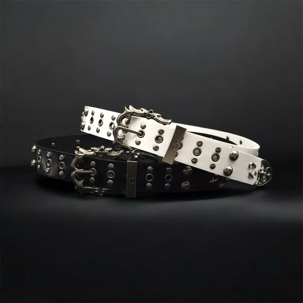 VirtusNoir Y2K Studded Belt Unisex Metal Grunge Accessory with Unique Studs and Buckle Design White PU Leather Style for Men & Women Trendy Fashion Statement