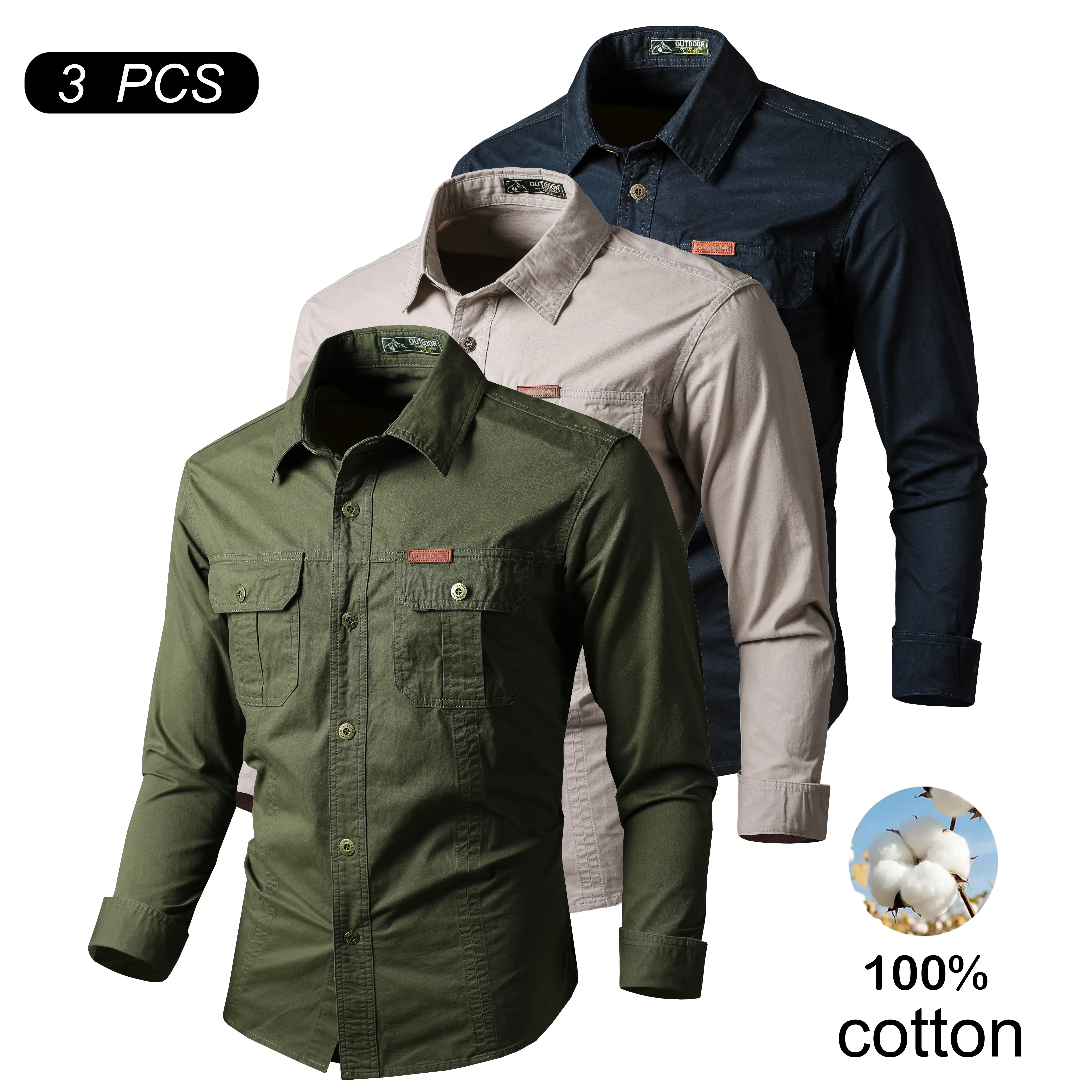 Father's Day Gift for Dad 3 Pack Men's 100% Cotton Long Sleeve Cargo Shirts, Durable Wind Resistant Work & Outdoor Shirts outing outfit style men, Tops, Durable For Daily Work Wear, Casual Cargo Look With Work Polish