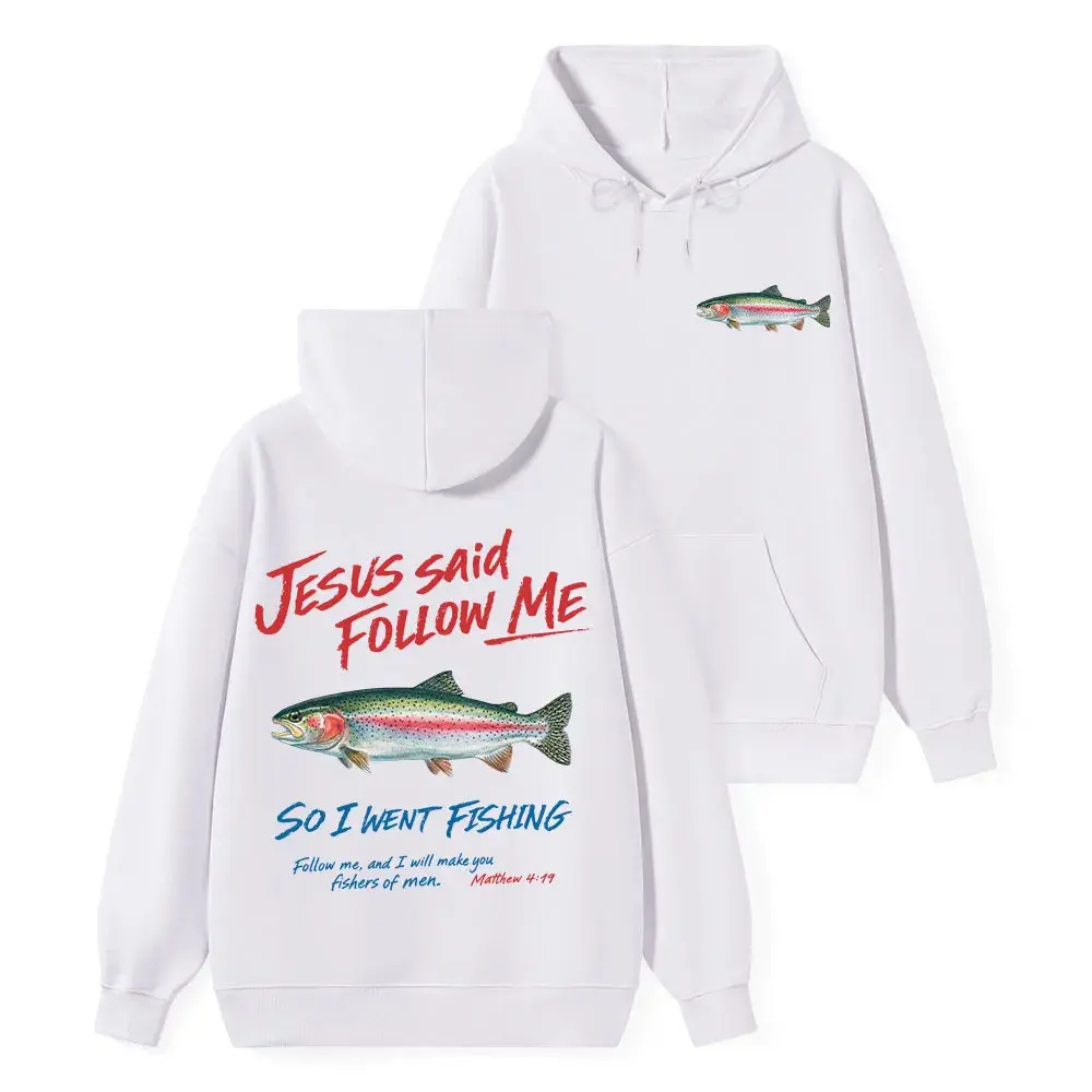 Outdoor Fishing Religious Hoodie Matthew 4:19 Fishers Of Men Christian Casual Long Sleeve Top,Fisherman Faith Hoodie “So I Went Fishing” Front Pocket Mini Trout Back Graphic White Oversized Pullover