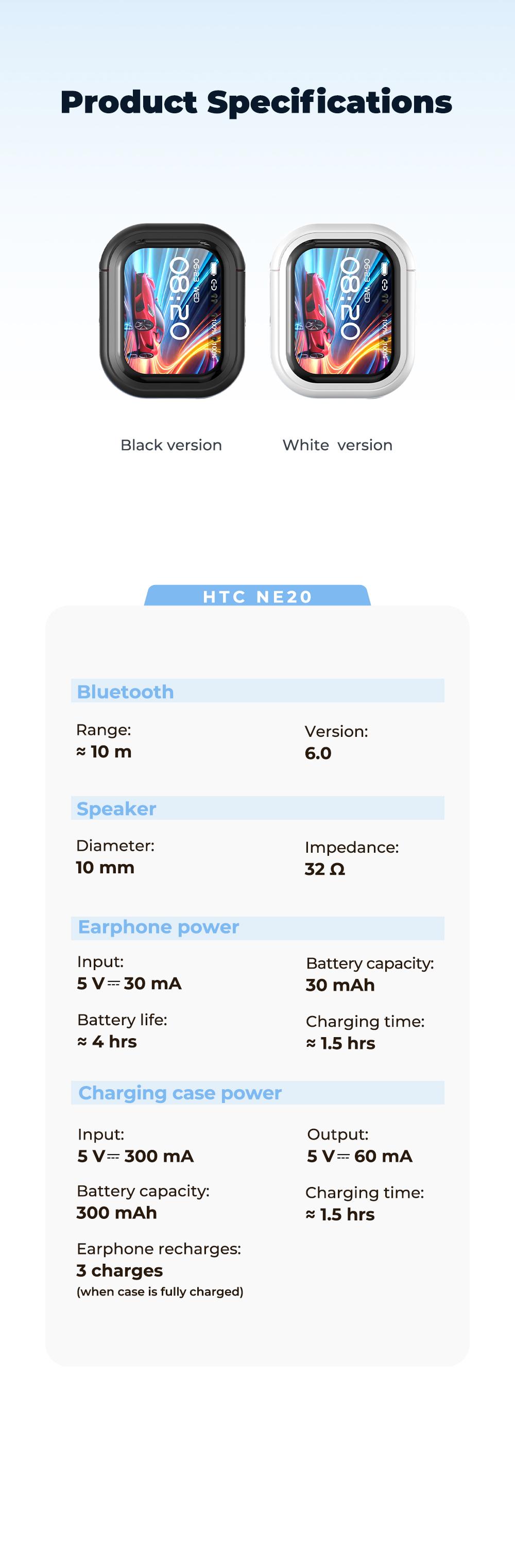 hTC NE20 Wireless Earbuds, TWS Bluetooth 6.0 Headphones, Touch Control LCD Full Color Display Screen Ear Buds, Wireless Earphones with Mic