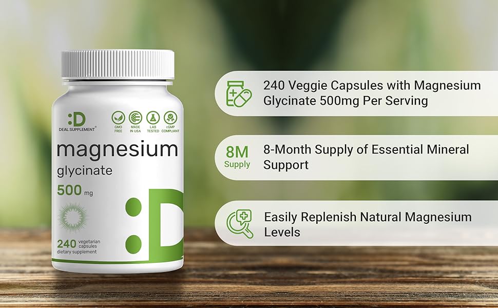 Deal Supplement Magnesium Glycinate 500mg - Support Sleep, Muscles, Nerves, Energy - Vegan, Non-GMO - 240 Capsules - Natural Fitness Digestion Vitamin - Healthy Gut Probiotics