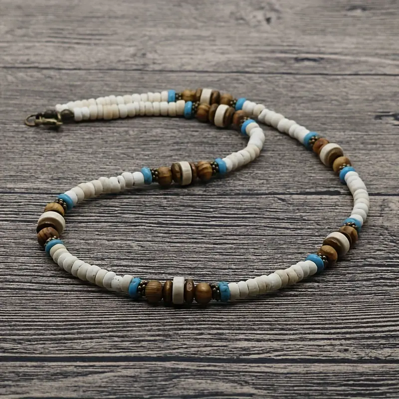 Male Handcrafted Bohemian Ethnic Wooden Bead Necklace - 50cm Vintage White Coconut Bead Jewelry, Multicolored, Beach Casual Rustic Summer Surfer Accessory, Long, Natural, Handmade Craft