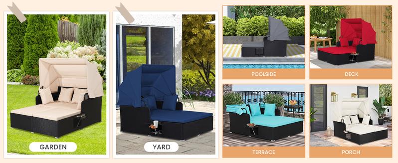 COSTWAY Outdoor Daybed, 2-Person Wicker Chaise Lounge with Retractable Canopy, Cushions & Pillows, 2 Side Trays, Patio Double Sofa PE Rattan Sunbed Lounger for Deck Poolside Garden Balcony