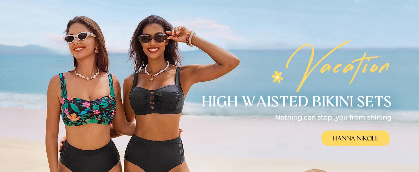 【S-XL】Hanna Nikole Women's Bikini Sets High Waisted, 2 Piece Bathing Suit Tummy Control, Push Up Cutout Ruched Swimsuit Beachwear