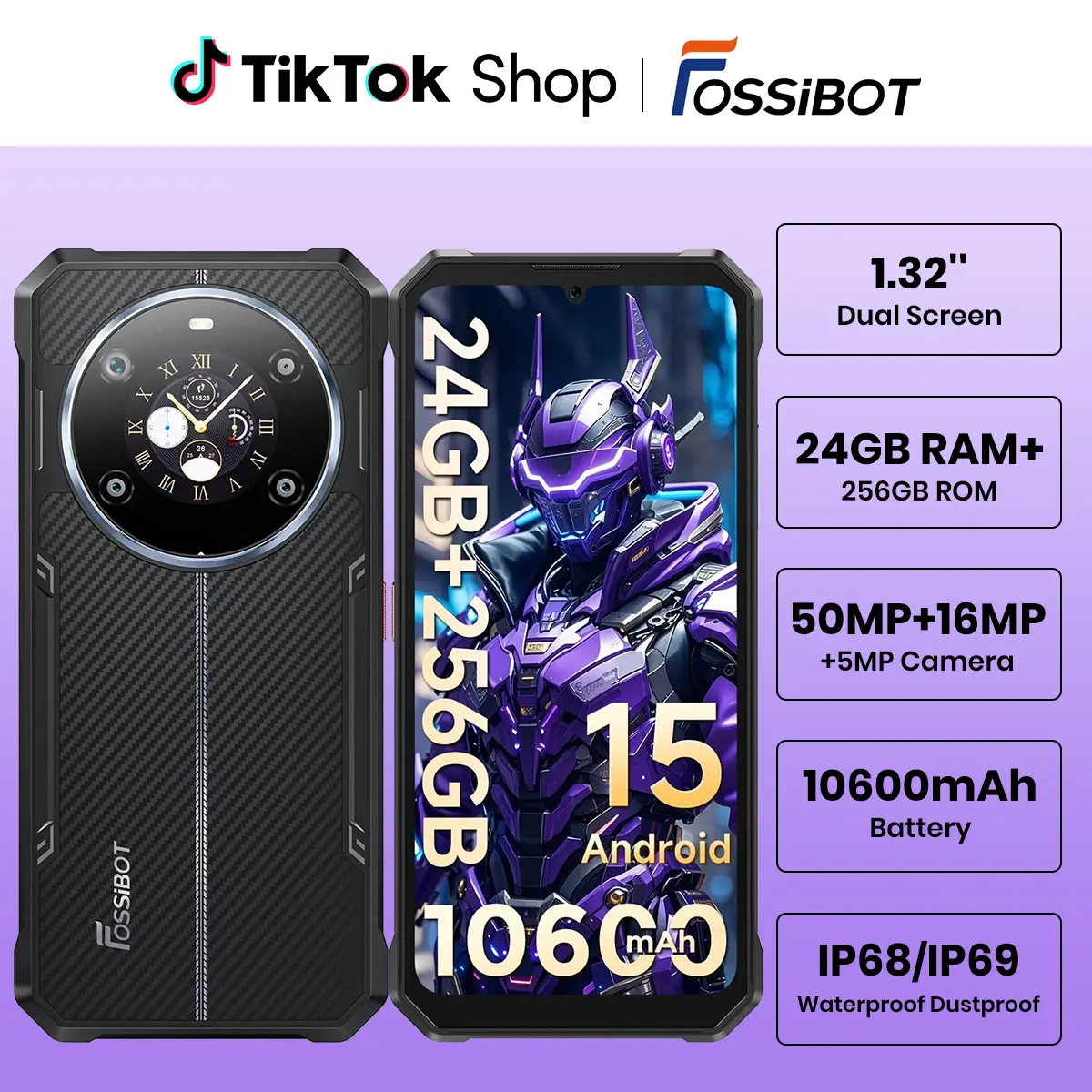 FOSSIBOT F109S Rugged Phone Unlocked(2026), 24GB+256GB/2TB Android 15 Gaming Phone, 6.75'' FHD+1.32 Dual Display, 10600mAh Battery Cell Phone,50MP+16MP+5MP Camera,Dual SIM 4G T-Mobile/IP68/IP69K/NFC,back to school,back to school haul