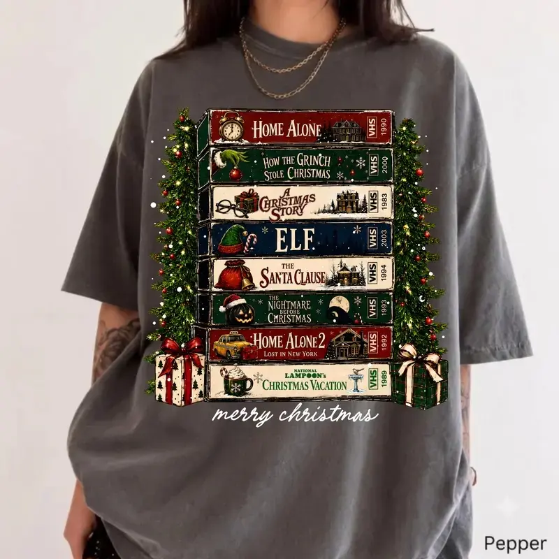 omfort Colors Christmas VHS Movies Shirt, Retro Holiday Graphic Tee, Vintage Christmas Movie T-Shirt, Cozy Festive Apparel, Funny Christmas Gift. Womenswear's Top Vintage