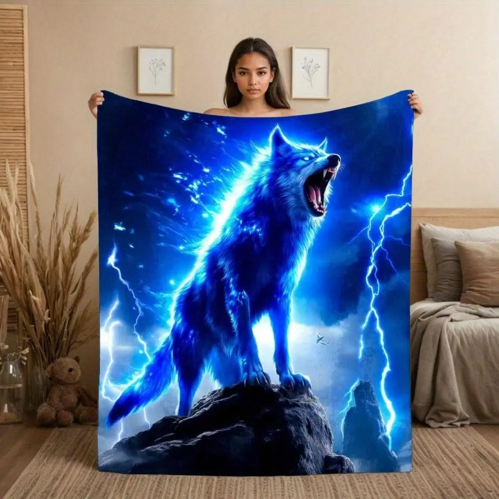 1pc Blue Wolf Flannel Throw Blanket - Soft Cozy All-Season Bedspread With Digital Wolf & Design, Dark Blue & Black Wolf Print