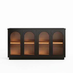 DESMEUBLES 4-Door Large Storage Buffet Cabinet with Glass Doors Arched Design Adjustable Shelves for Kitchen Dining Room Living Room Black MDF Pine Wood