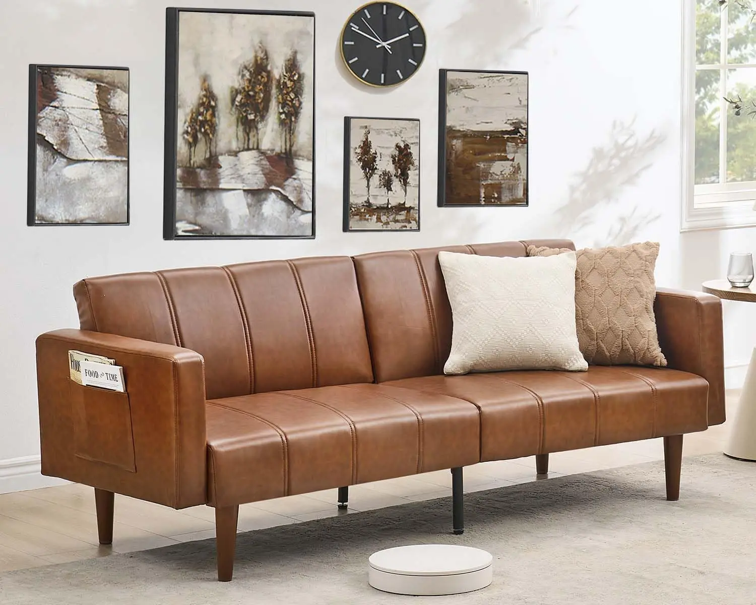 75-Inch Sturdy Mid-Century Modern Metal PU Leather Foldable Futon Sofa Bed - Modern Sleeper Couch, Adjustable Backrest, Side Pockets, Spot Clean, Clean Aesthetic, Comfy Couch, DIY Assembly for Living Room