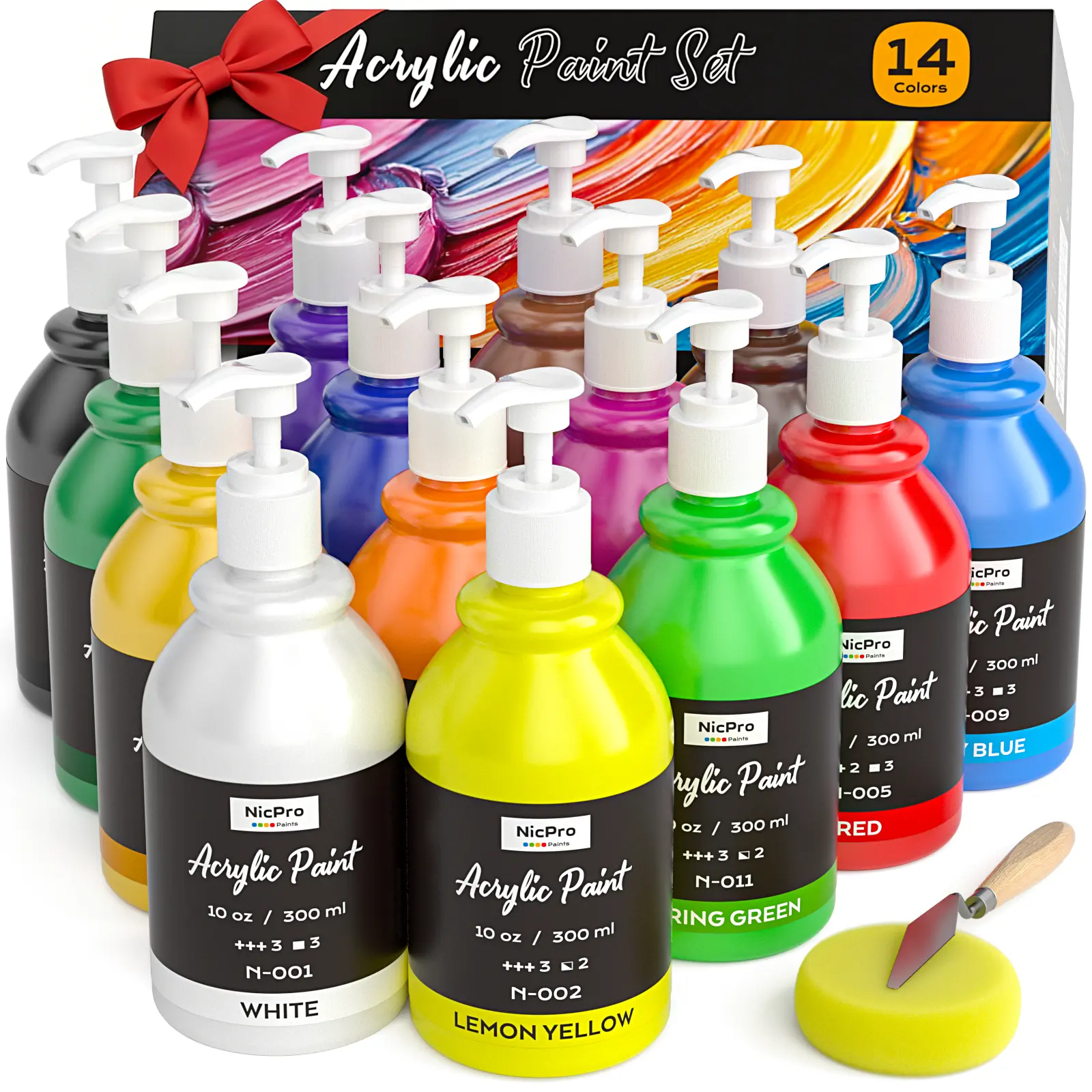 Nicpro High-Pigment 14-Color Acrylic Paint Set - 10 oz/300 ml Large Bulk Art Materials Kit with Pump Dispenser, Office Supplies for Classroom Teaching, Home DIY on Rock, Canvas, Wood (Creamy Texture)