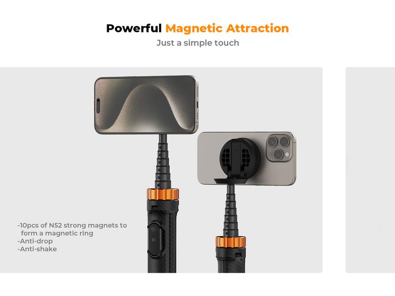 K&F CONCEPT 63.8" (1.62m) Selfie Stick Tripod – MagSafe Magnetic Mount + Built-in Bluetooth Remote| For iPhone 12-16 Pro Max/15/14/13, Works with Selfie Accessories| Ideal for Travel/Live Streaming/Vlogging/Family Gatherings/Daily Use