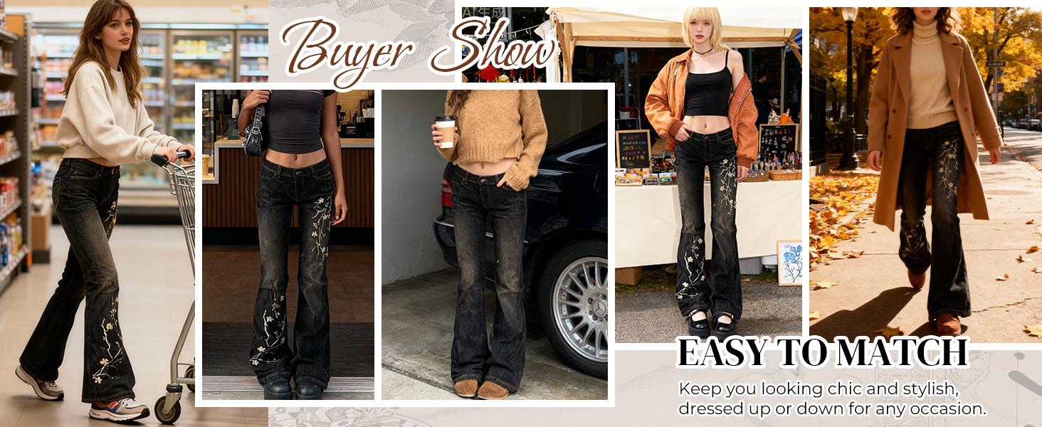 Emmiol Women’s Embroidered Bell Bottom Jeans – Stretchy Flared Mid-Rise Vintage Denim, 90s Y2K Retro Jeans with Floral Embroidery, Soft Stretch Fabric, and High-Comfort Fit