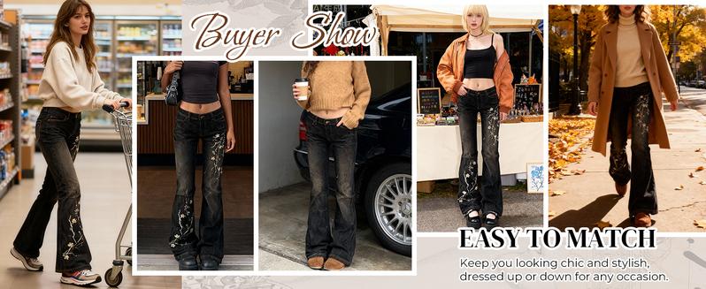 Emmiol Women’s Embroidered Bell Bottom Jeans – Stretchy Flared Mid-Rise Vintage Denim, 90s Y2K Retro Jeans with Floral Embroidery, Soft Stretch Fabric, and High-Comfort Fit