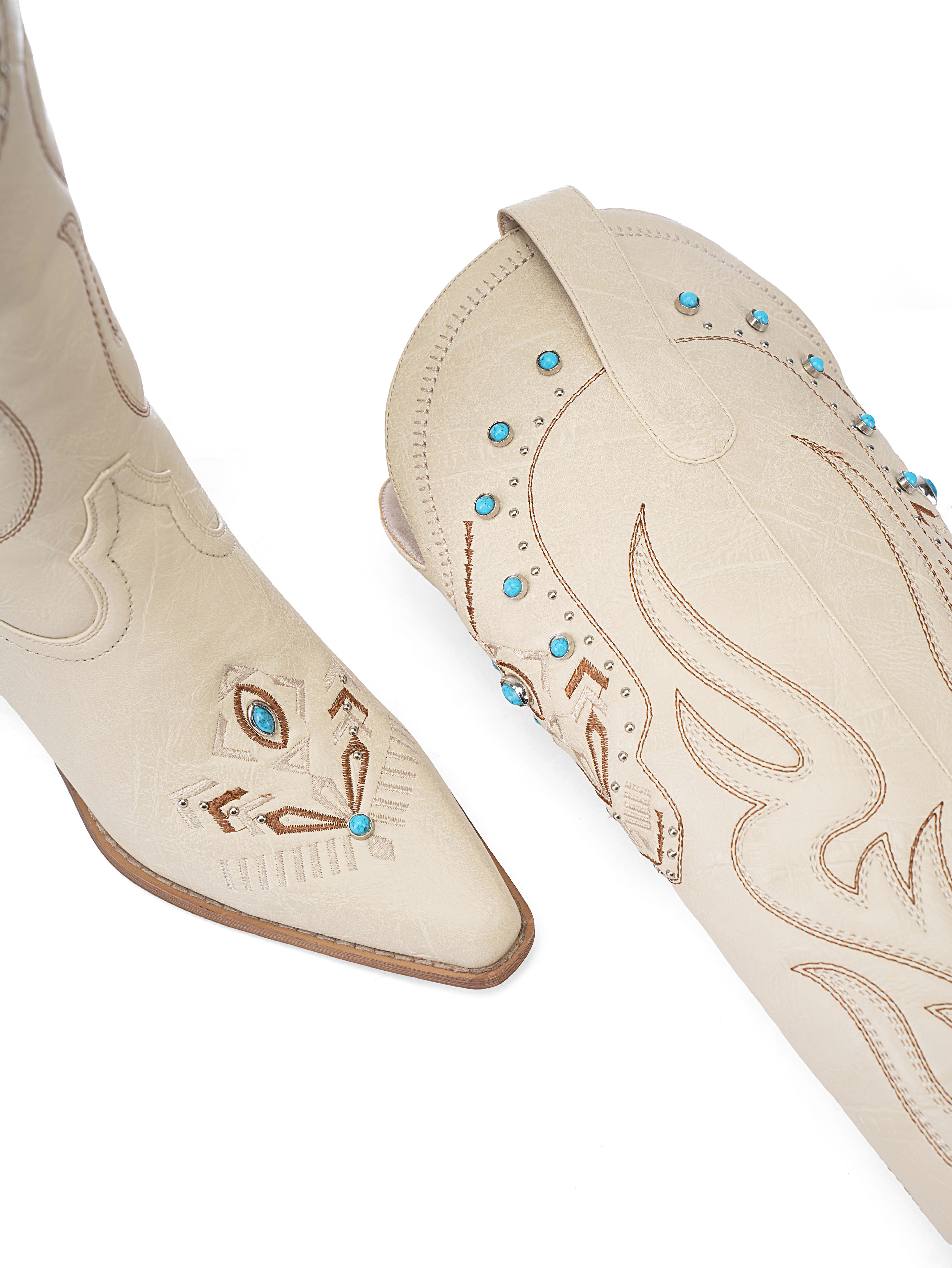 ReneChristine Women's Embroidery Western Cowboy Boots with Studs & Emerald Gemstones, Knee High Wide Calf Cowgirl Boots for Gatherings Weekend Hangouts Black Leather fur boots knee high boots boots for fall thigh high boots brown boots cowgirl boots Sprin