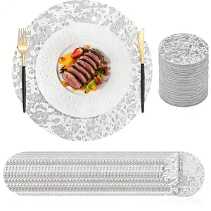 50 Pcs Disposable Silver Placemats Set Metallic 13 Inch Round Foil Mesh Pressed Table Doilies, Ultra-Thin Disposable Placement Mats for Home Decoration Dining Table Wedding Birthday Party